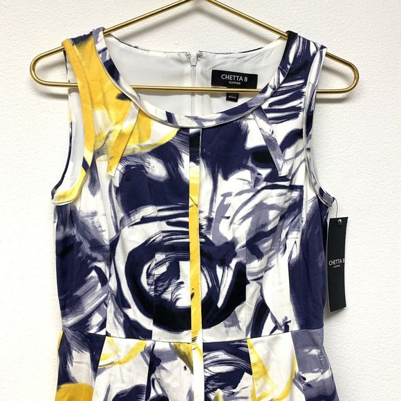 Chetta B Dress Womens Size 2 Fit & Flare Sleeveless Navy Blue Yellow Cotton NWT - Picture 3 of 8